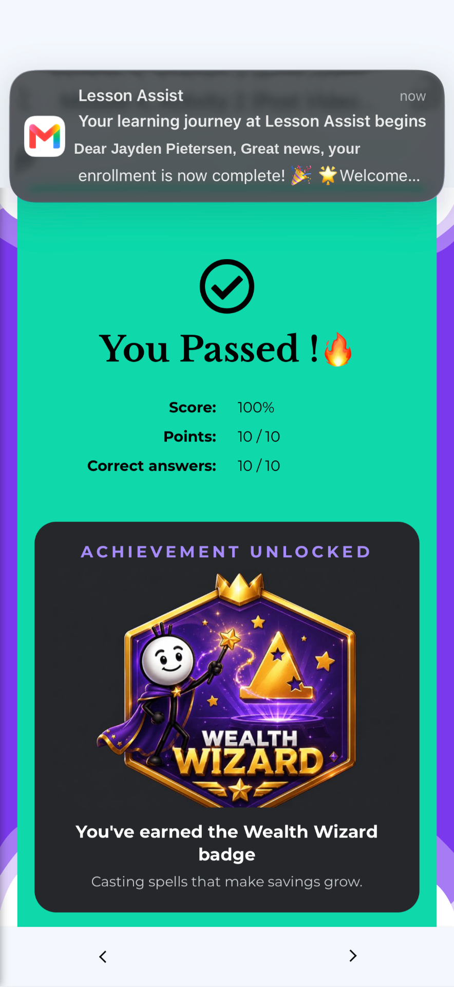 Lesson Assist assessment result screen showing a 100% pass and an achievement badge unlocked